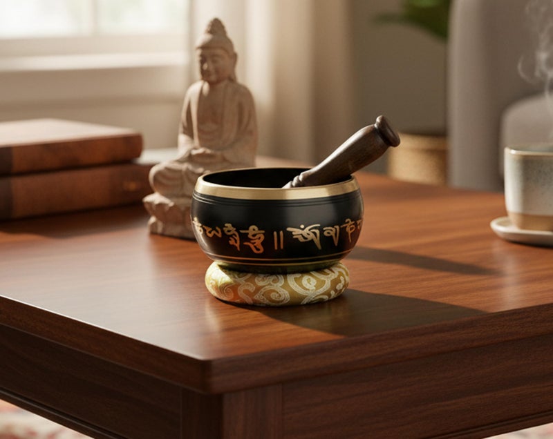eSplanade - 6 inches - Singing Bowl Tibetan Buddhist Prayer Instrument With Striker Stick | OM Bell | OM Bowl | Meditation Bowl | Music Therapy (black) - Image 2